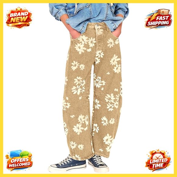 Wide Leg Barrel Jeans Mid Rise Floral Print Denim Ankle Pants